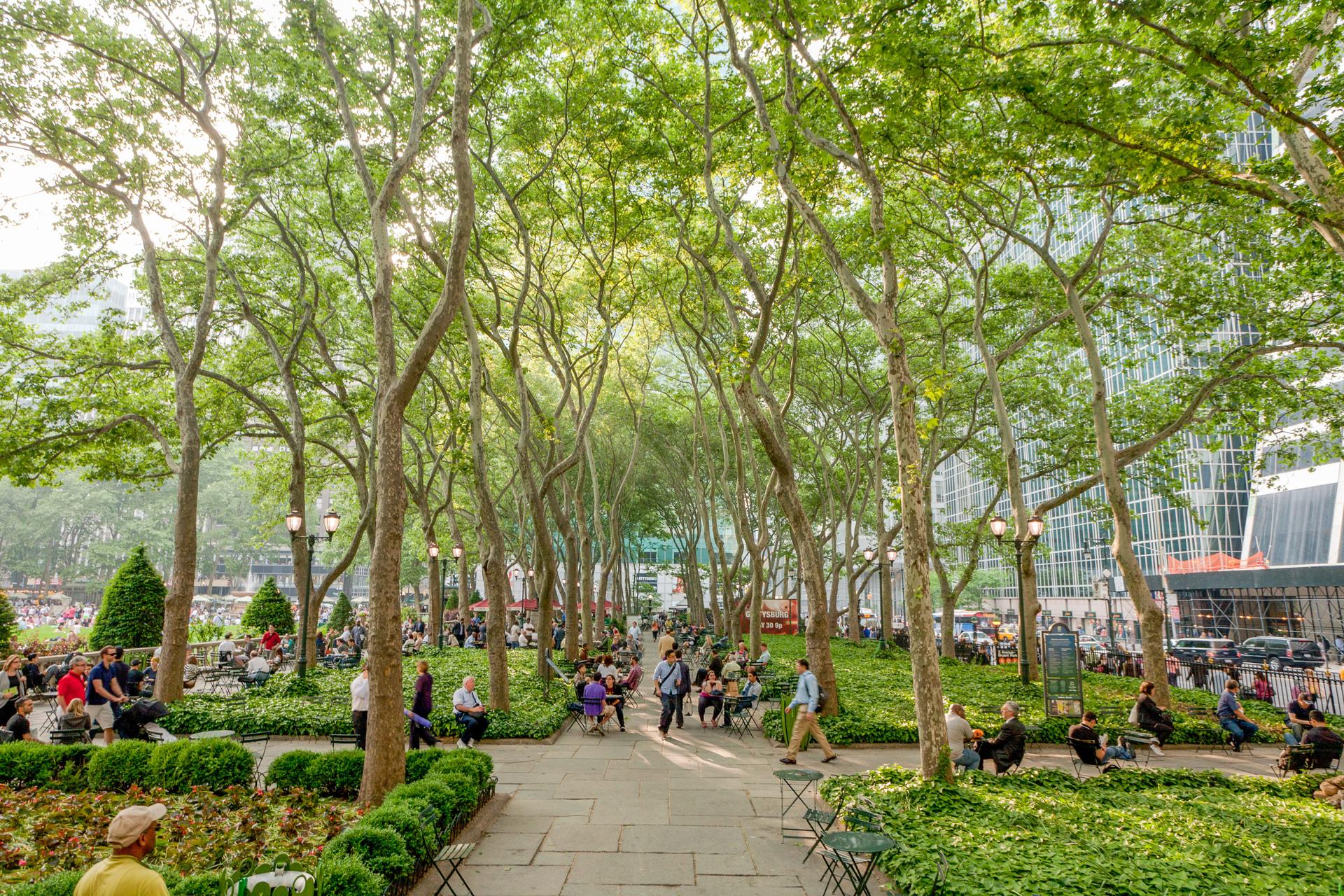 People in Bryant Park during a sunny day in Manhattan, NYC