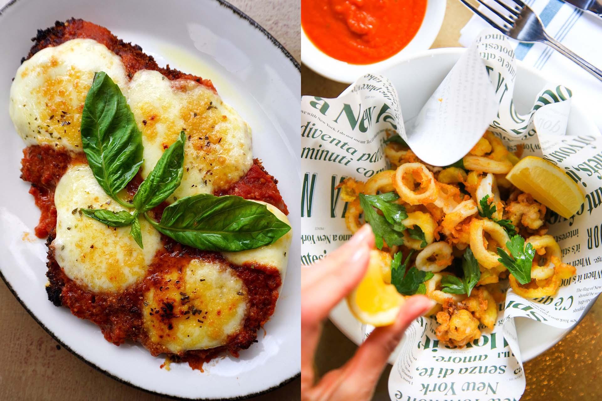 Left: Chicken parmesan topped with melted cheese and basil. Right: Fried calamari in a paper-lined basket, served with lemon and dipping sauce.
