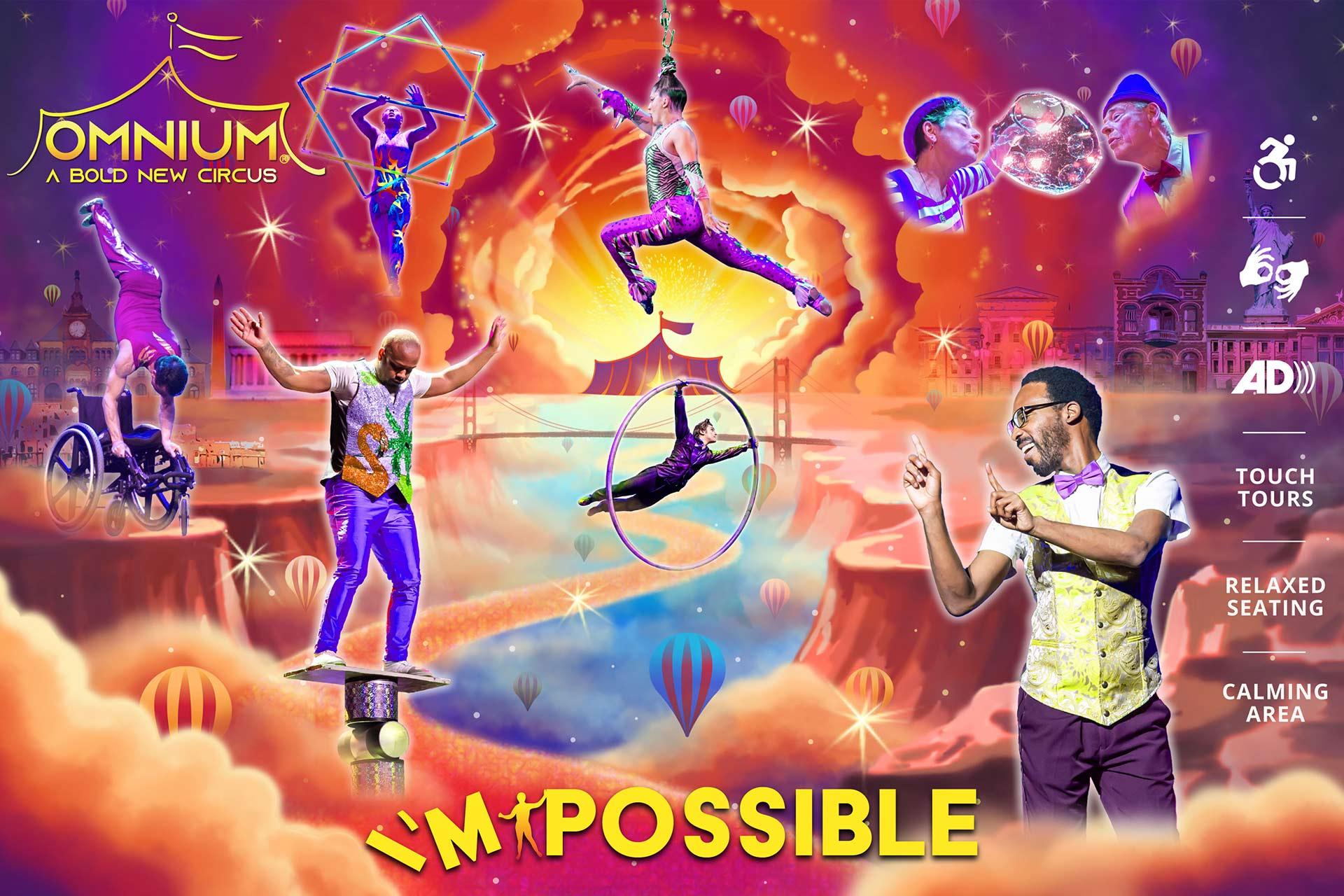 Colorful circus poster with diverse performers, including wheelchair users and aerialists, set against a vibrant sunset. Texts: “Omnium: A Bold New Circus” and “I’M POSSIBLE.” Accessibility icons and features listed on the right.