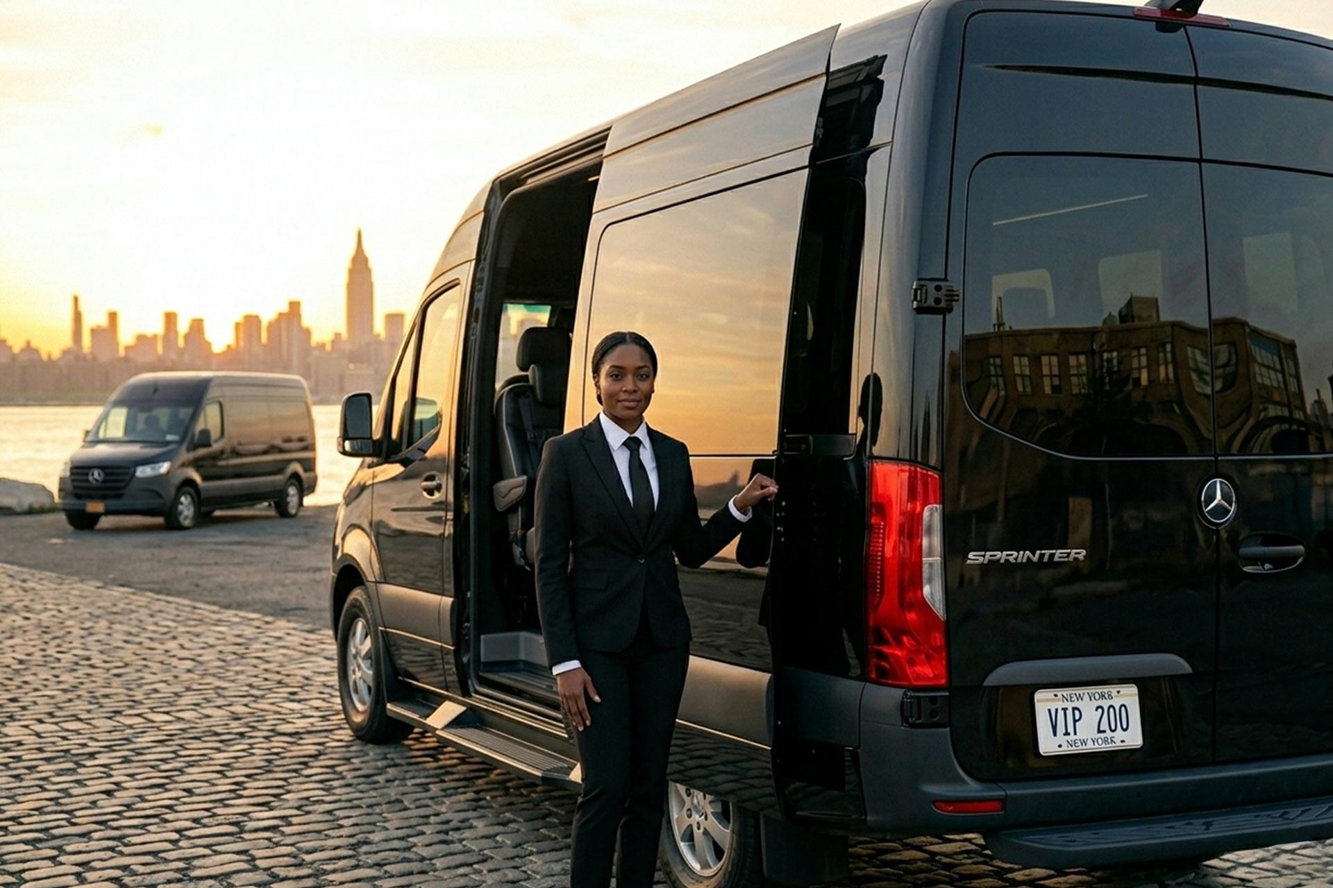 A woman in a black suit stands beside an open door of a black Mercedes-Benz Sprinter van on a cobblestone street, with the New York City skyline and sunset in the background.