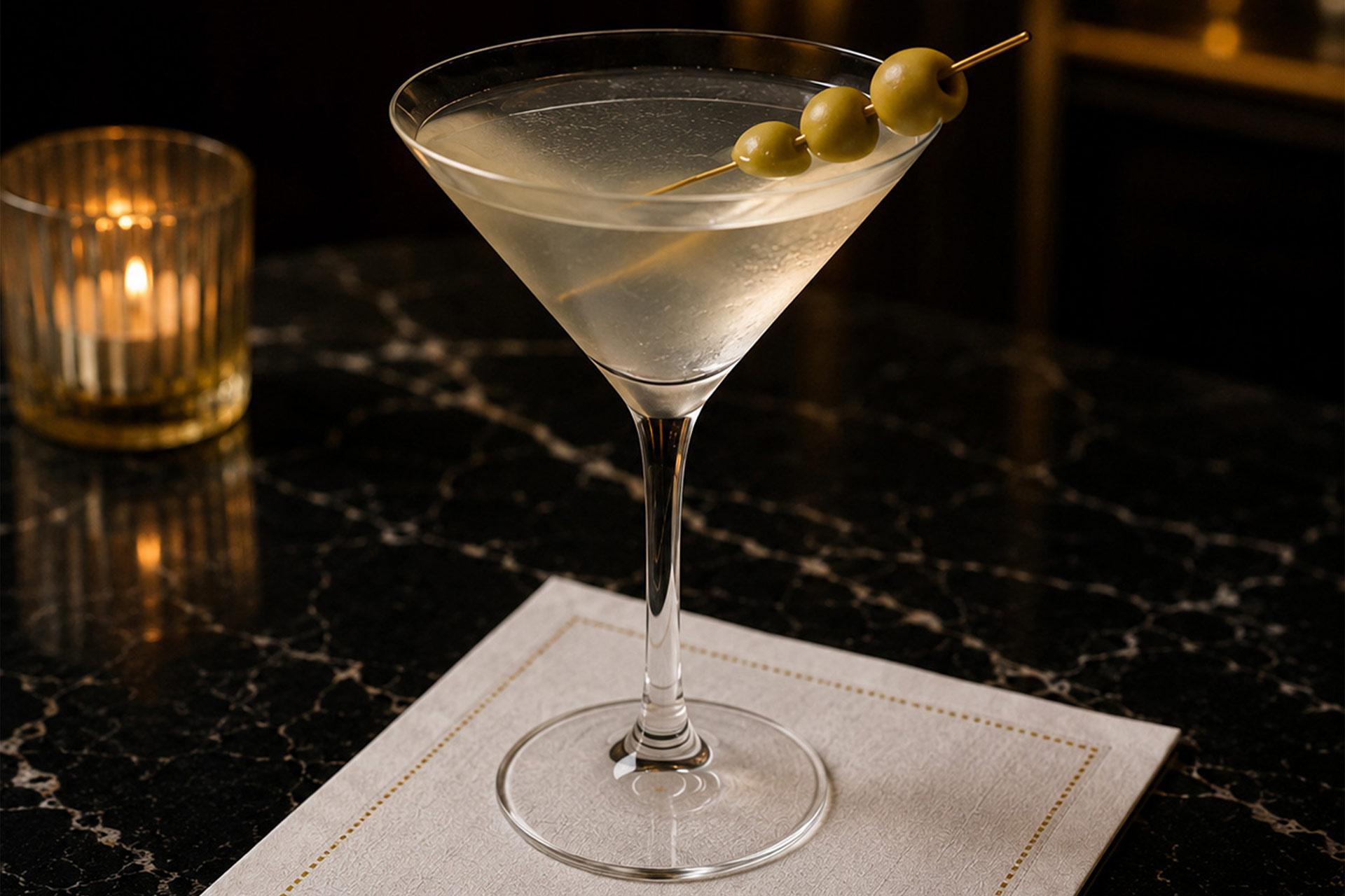 A martini garnished with three green olives on a cocktail pick, served in a martini glass placed on a white napkin on a dark marble table; a lit candle sits in the background.