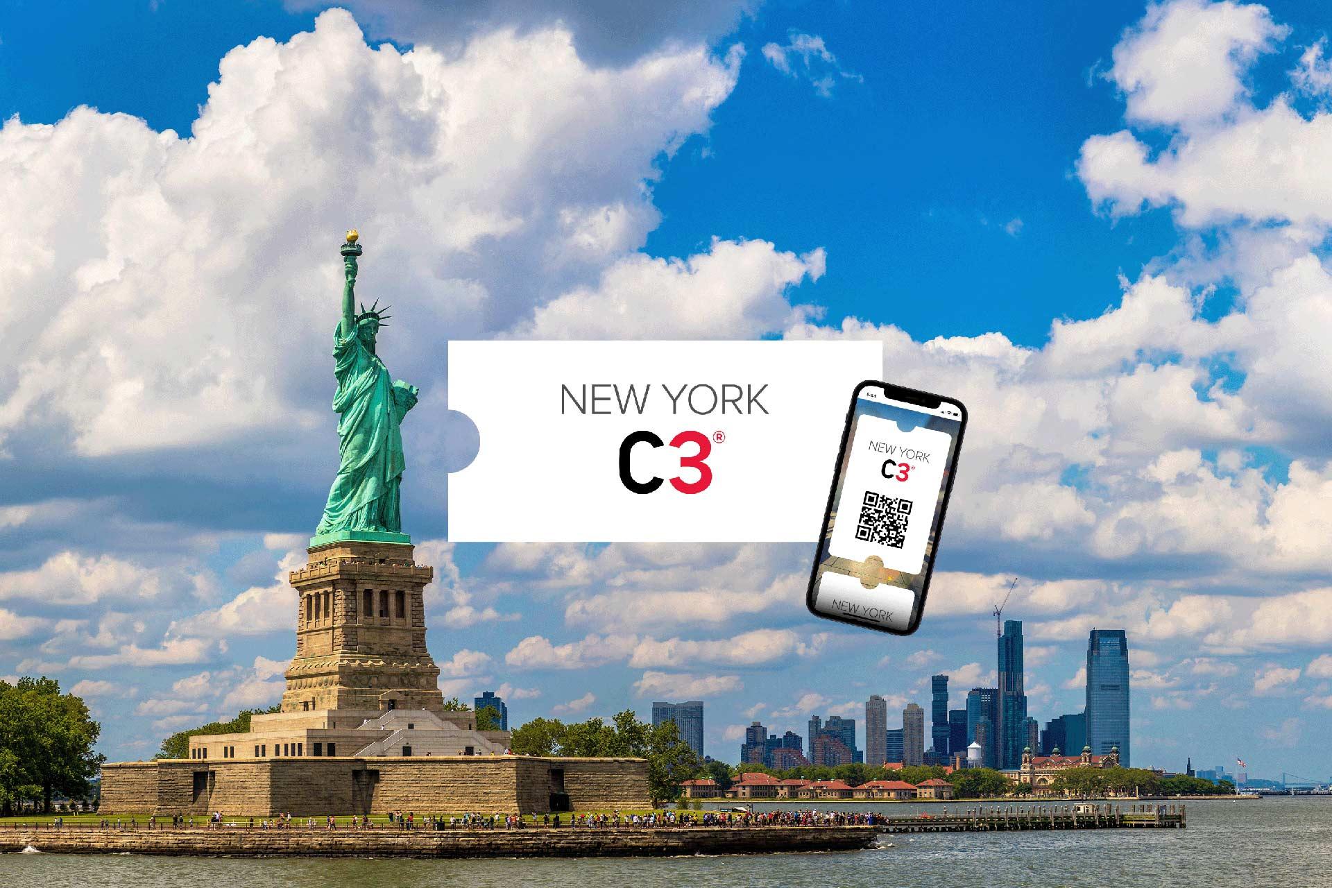 The Statue of Liberty with the New York City skyline in the background. A digital ticket for “New York C3” with a QR code is displayed in the foreground.