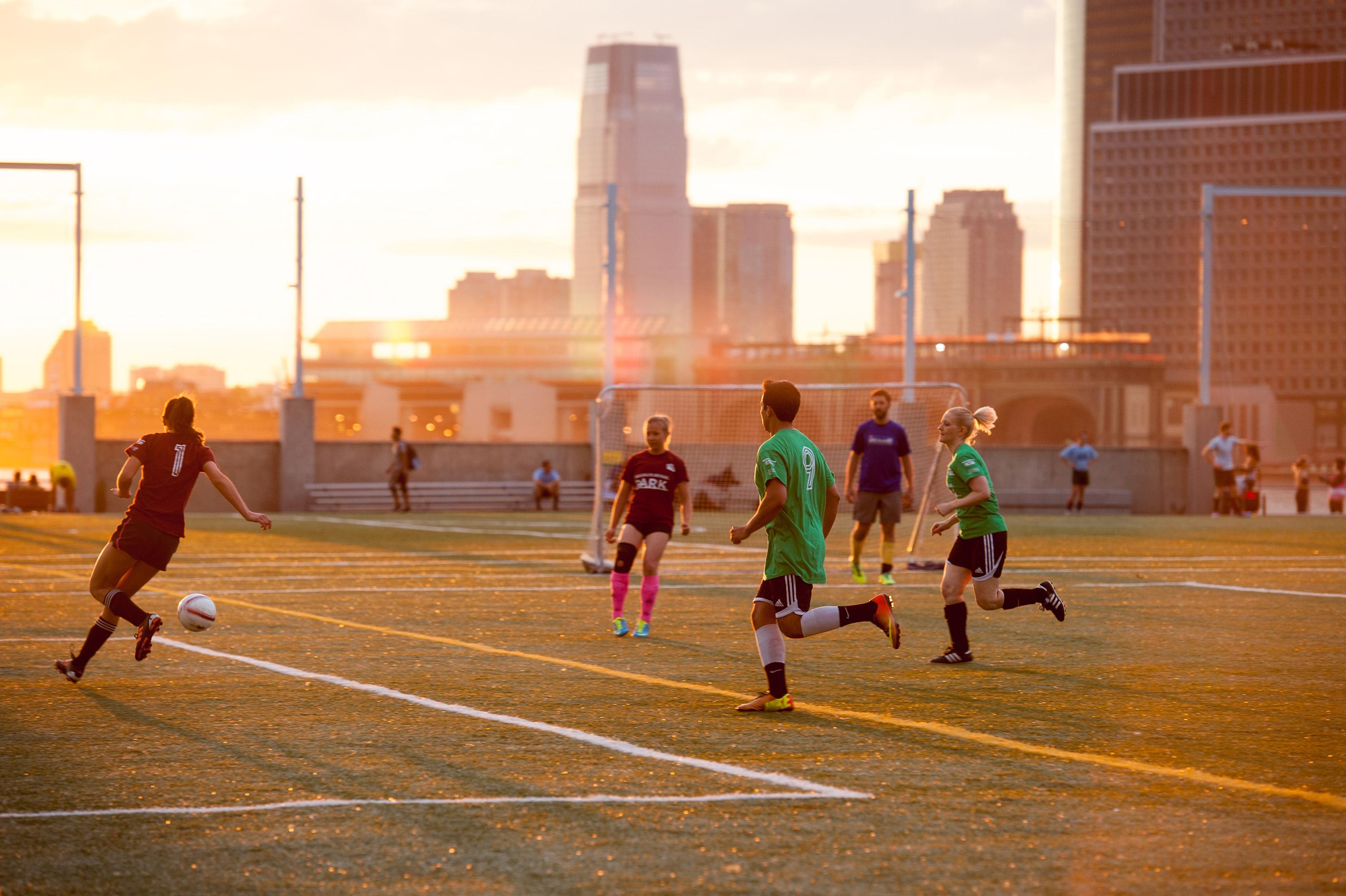 Youth and adult soccer leagues play on the turf fields on Pier 5.